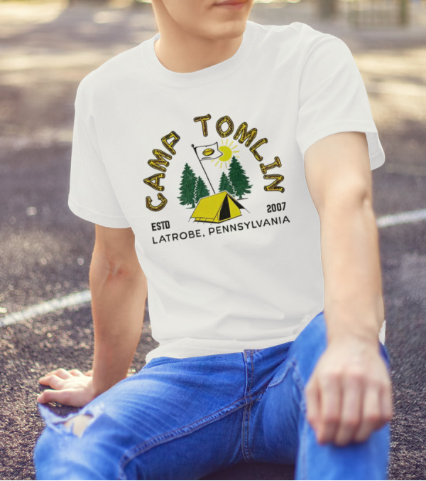 Camp Tomlin Established 2007 Latrobe Pennsylvania Football Camping Tent Trees Moon Sun T-Shirt