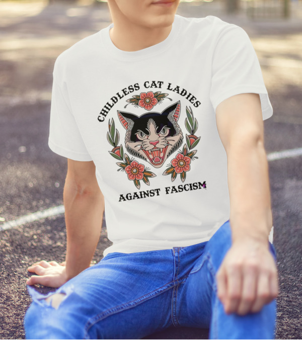 Childless Cat Ladies Against Fascism Fierce Cat With Flowers T-Shirt