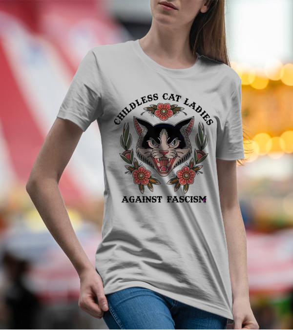 Childless Cat Ladies Against Fascism Fierce Cat With Flowers T-Shirt