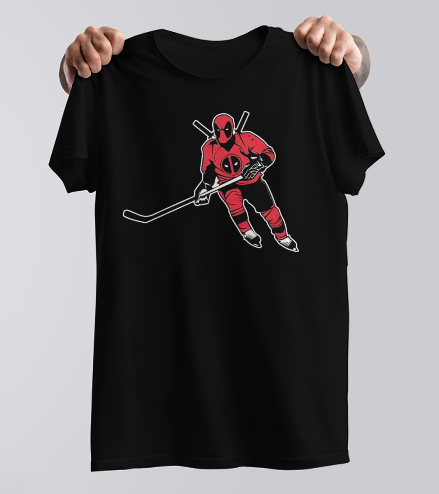 Deadpool Playing Hockey With Iconic Mask And Costume T-Shirt