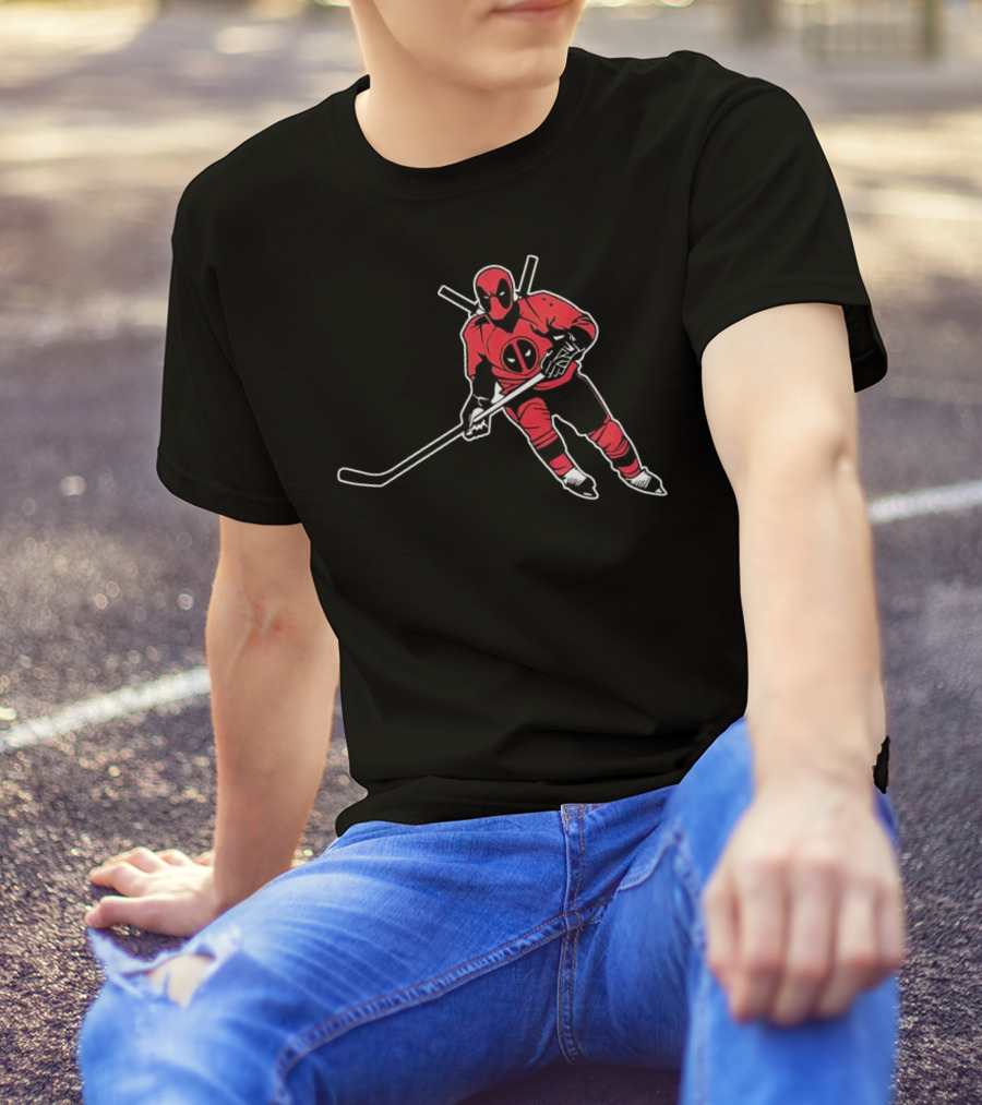 Deadpool Playing Hockey With Iconic Mask And Costume T-Shirt