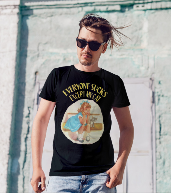 Everyone Sucks Except My Cat Vintage Girl With Kitten T-Shirt