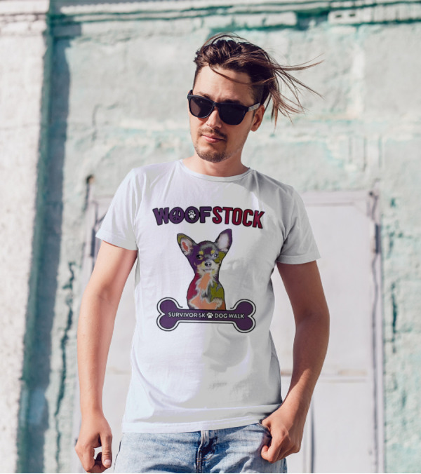 Woof Stock Peace Sign Survivor 5K Dog Walk Colorful Chihuahua Bone T-Shirt
