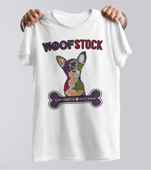 Woof Stock Peace Sign Survivor 5K Dog Walk Colorful Chihuahua Bone T-Shirt