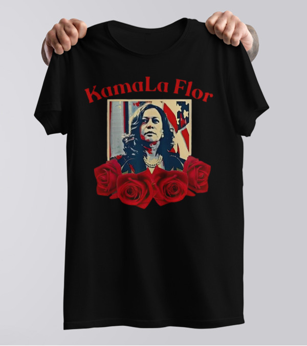 Kamala Flor Roses With American Flag Background T-Shirt