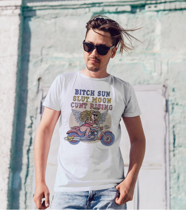 Bitch Sun Slut Moon Cunt Rising Winged Pig On Motorcycle T-Shirt