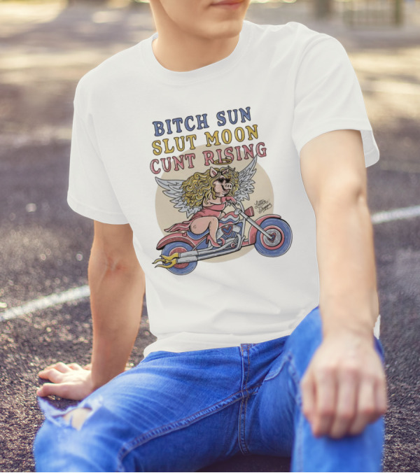 Bitch Sun Slut Moon Cunt Rising Winged Pig On Motorcycle T-Shirt