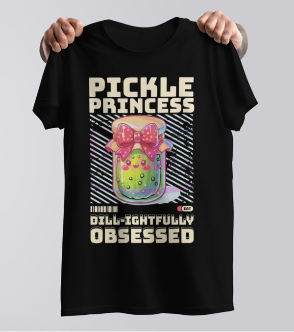 Pickle Princess Dill-ightfully Obsessed Retro Cute Jar With Bow And Barcode Eat T-Shirt