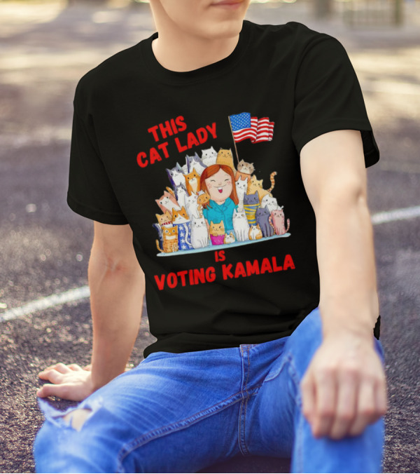 This Cat Lady Is Voting Kamala Harris With Cats And American Flag T-Shirt