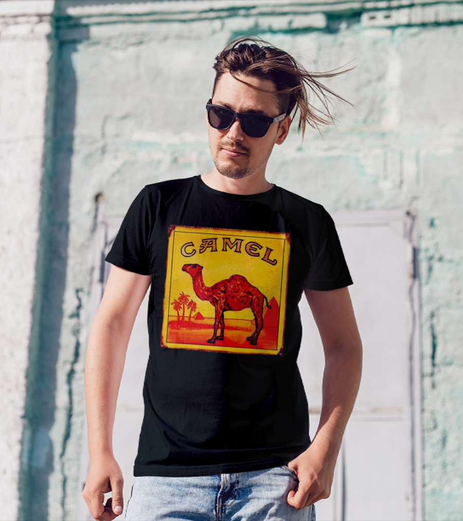 Vintage Camel Cigarettes Logo Yellow Square With Red Camel And Pyramids T-Shirt