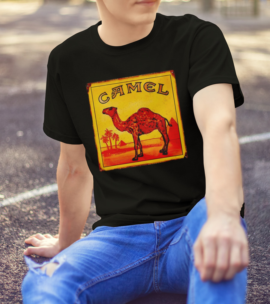 Vintage Camel Cigarettes Logo Yellow Square With Red Camel And Pyramids T-Shirt