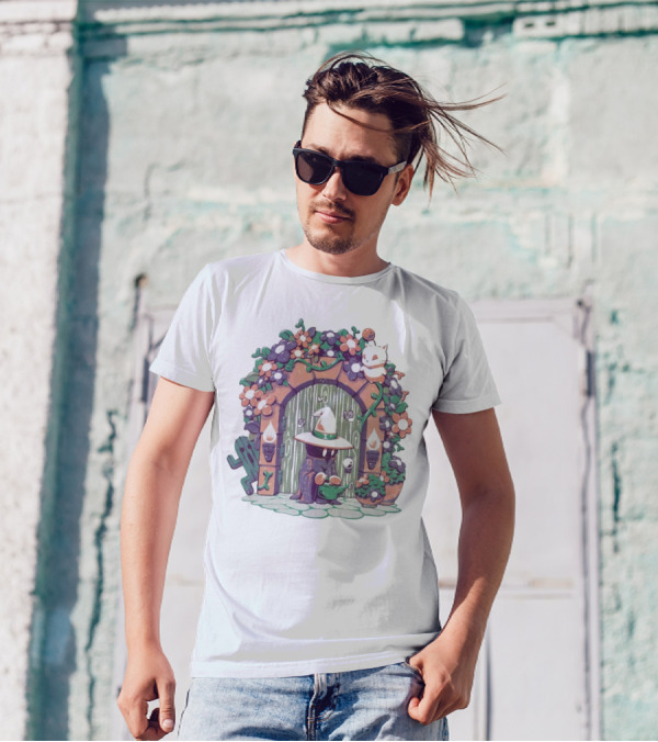 A Gardening Mage And Friends Enchanted Floral Doorway Fantasy Garden Scene T-Shirt