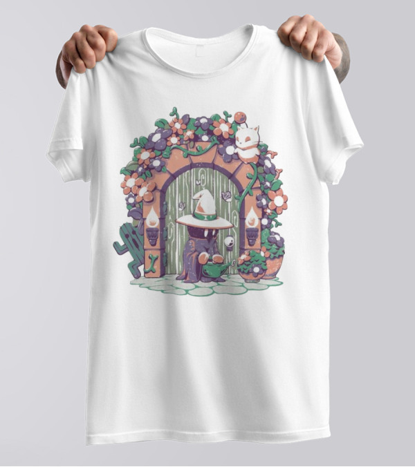 A Gardening Mage And Friends Enchanted Floral Doorway Fantasy Garden Scene T-Shirt