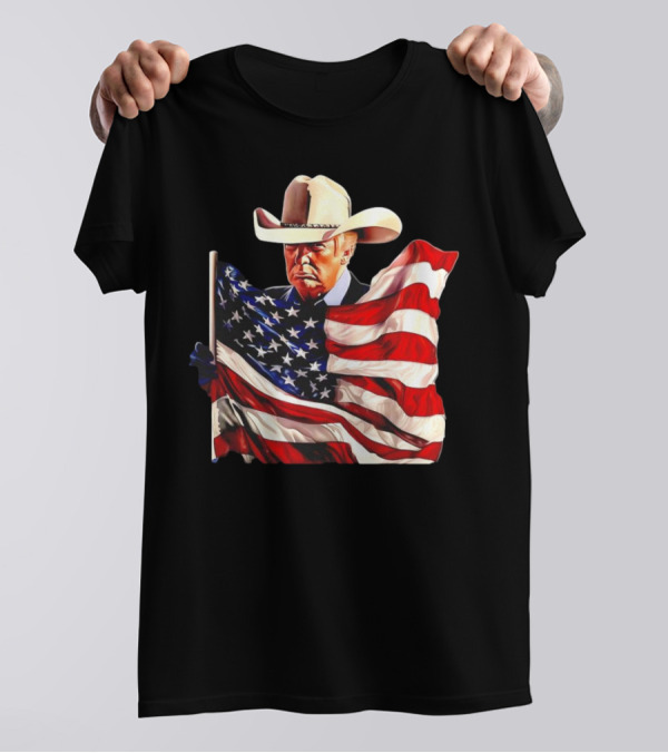 Donald Trump Cowboy Hat Holding American Flag 2024 Patriotic MAGA T-Shirt