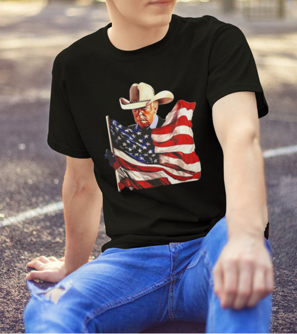 Donald Trump Cowboy Hat Holding American Flag 2024 Patriotic MAGA T-Shirt