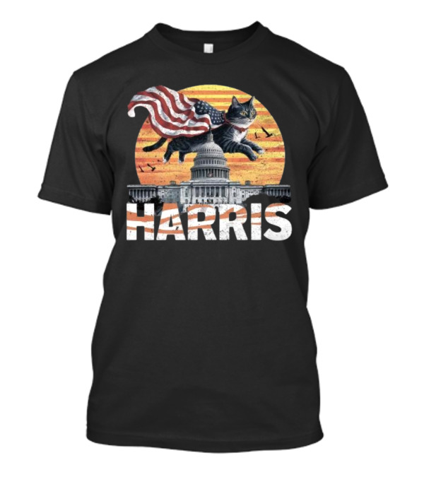 Harris 2024 Cat Flying Over Capitol Distressed American Flag T-Shirt