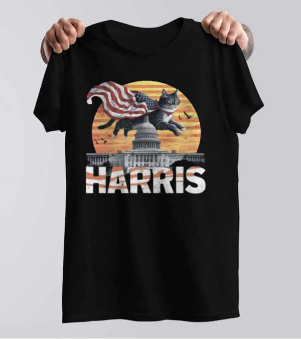 Harris 2024 Cat Flying Over Capitol Distressed American Flag T-Shirt
