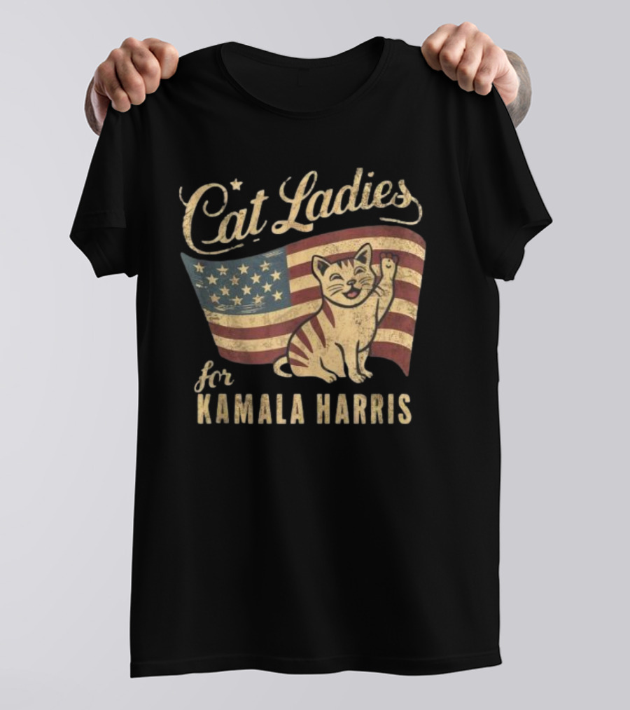Cat Ladies For Kamala Harris Vintage Patriotic Cat With American Flag T-Shirt