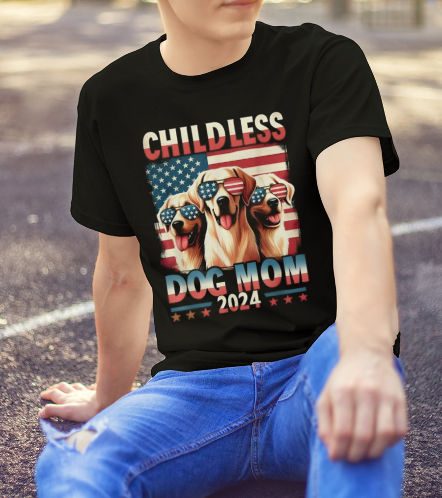 Childless Dog Mom 2024 American Flag Dogs With Sunglasses T-Shirt