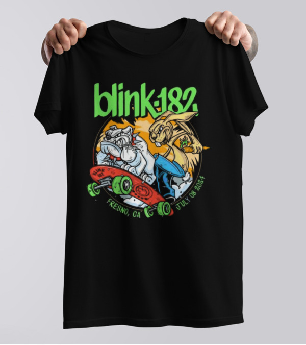 Blink-182 Fresno, CA July 08 2024 Skateboarding Bulldog And Rabbit T-Shirt