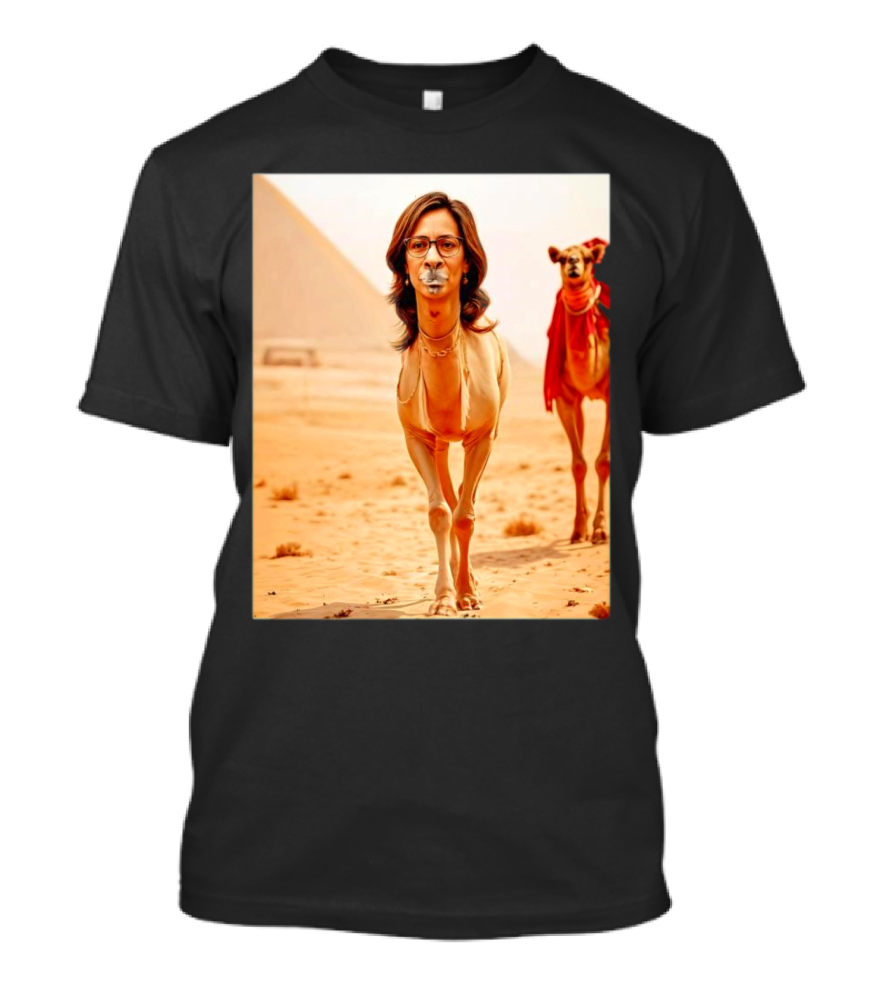 Camel X Kamala Harris Face Meme Pyramids Desert Scene T-Shirt