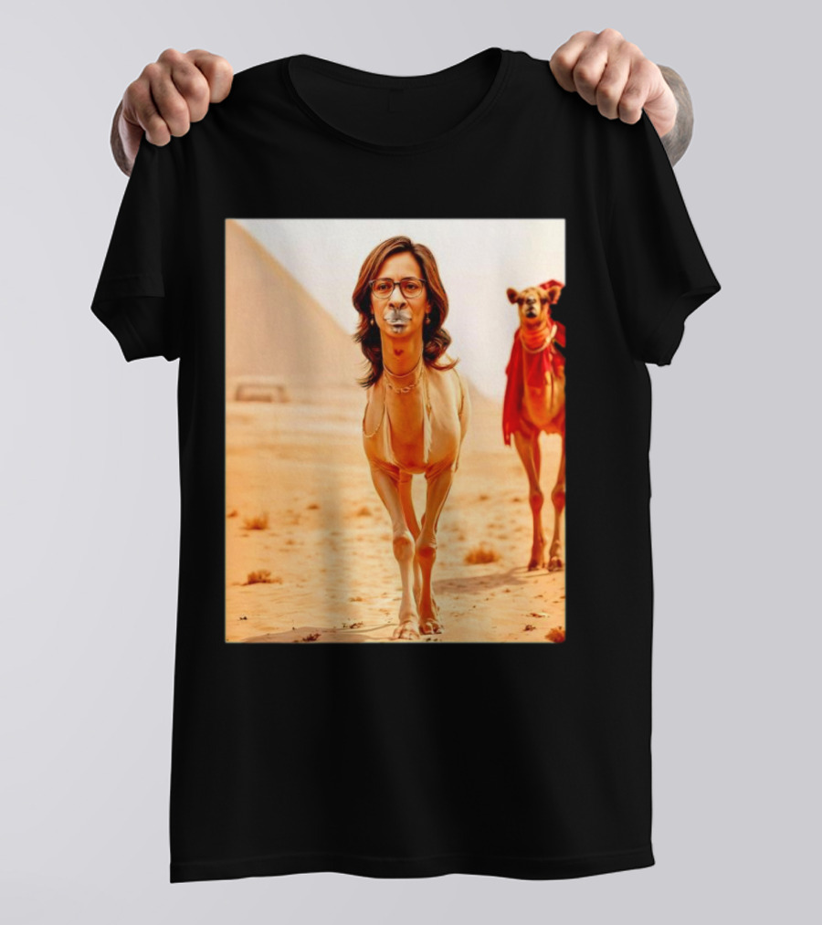 Camel X Kamala Harris Face Meme Pyramids Desert Scene T-Shirt