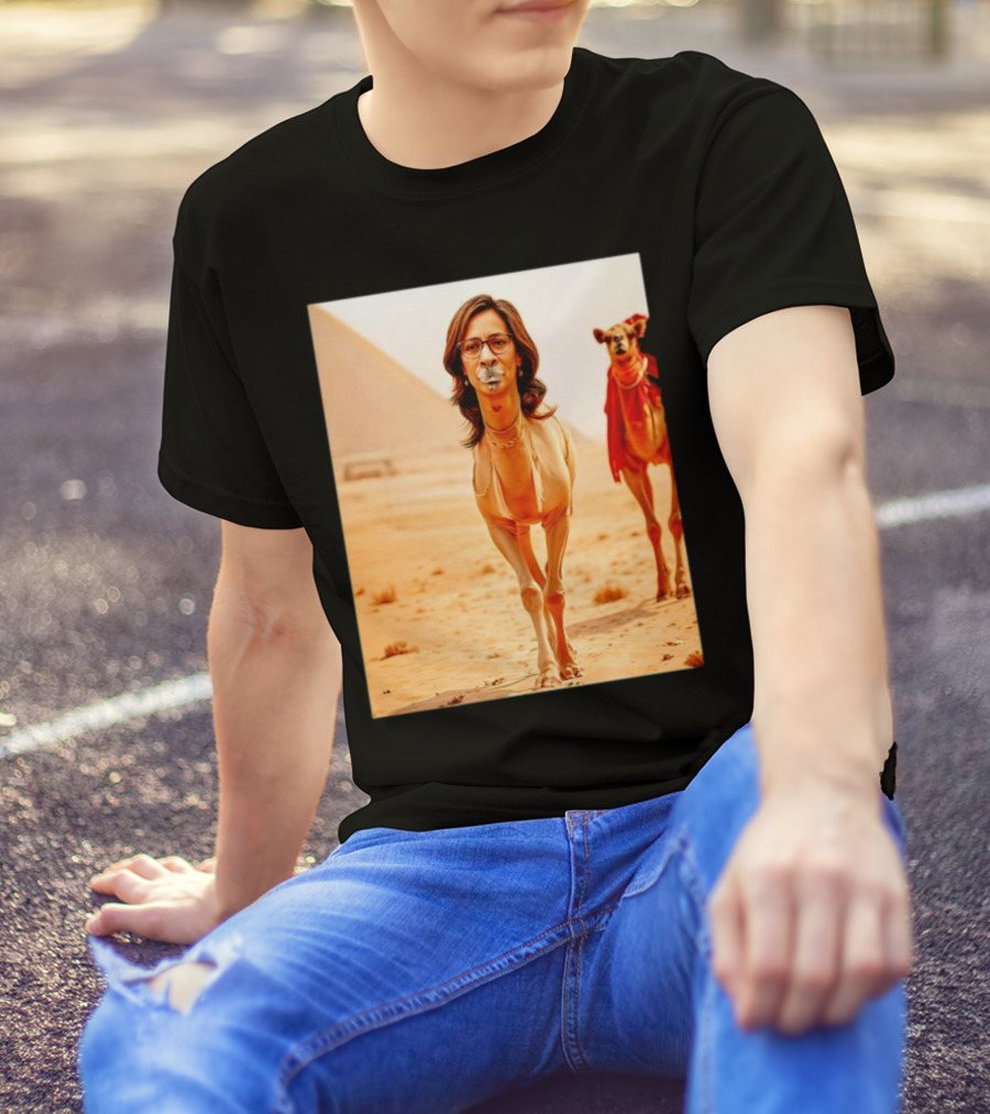 Camel X Kamala Harris Face Meme Pyramids Desert Scene T-Shirt