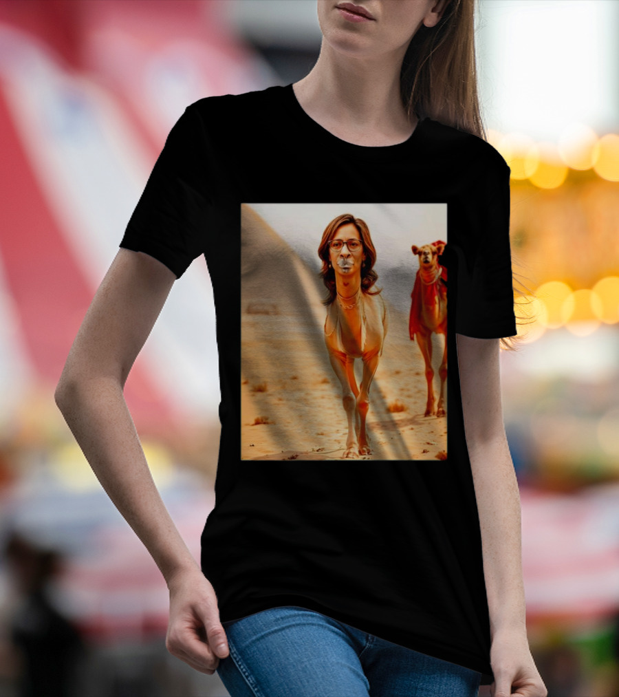 Camel X Kamala Harris Face Meme Pyramids Desert Scene T-Shirt