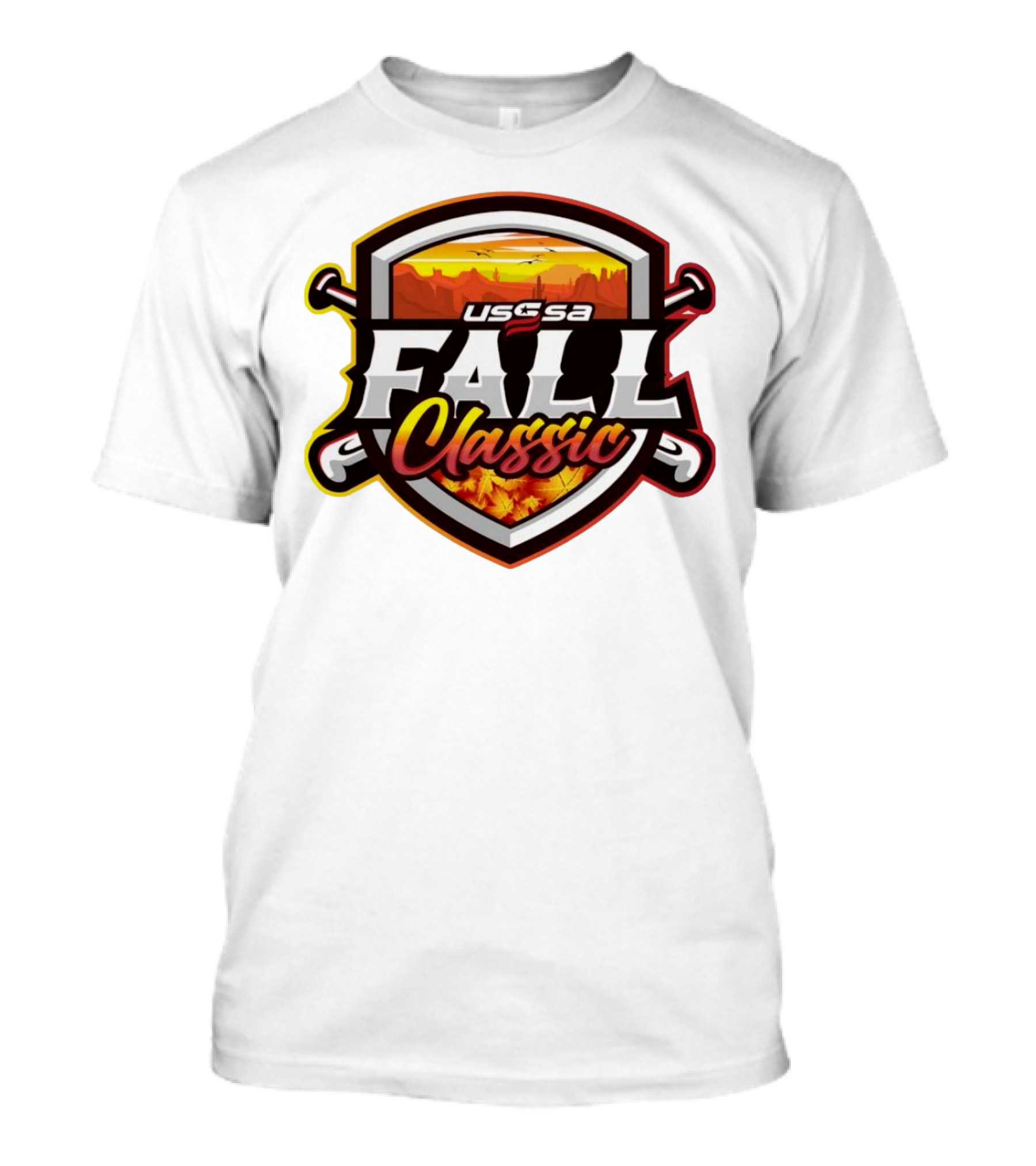USSSA Arizona Baseball Fall Classic 2024 Shield With Bats And Autumn Leaves T-Shirt