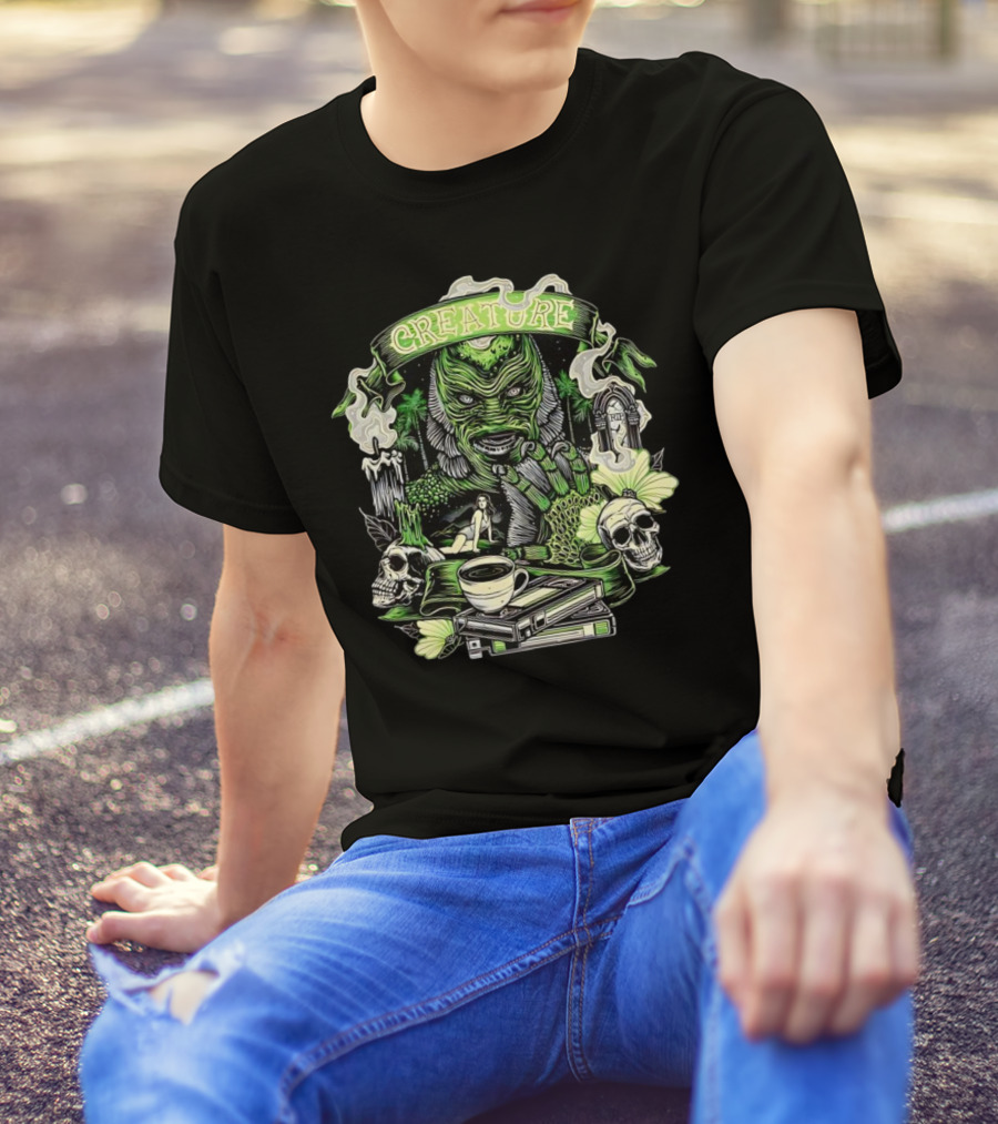 Creature From The Black Lagoon Gill-man Illustrated With Skulls, Books, And Coffee Cup T-Shirt