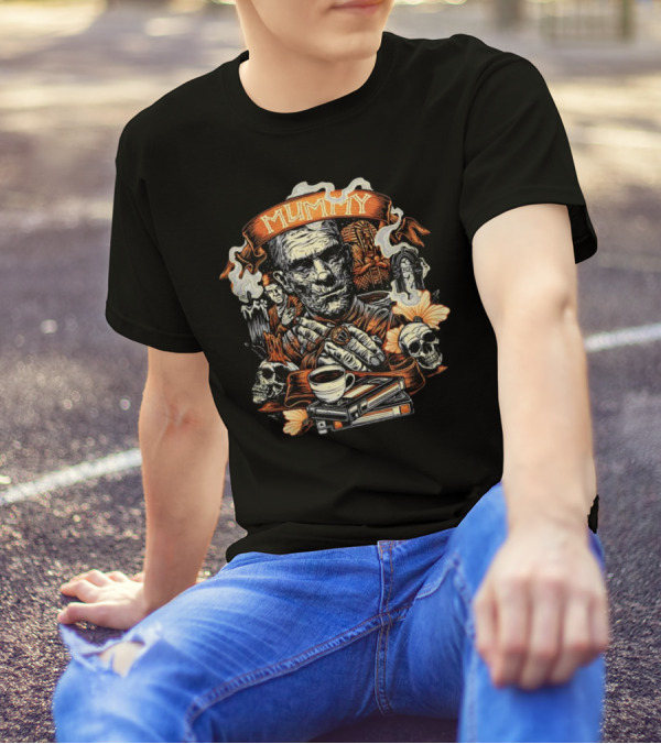 Mummy Vintage Horror Scene With Skulls And Coffee T-Shirt