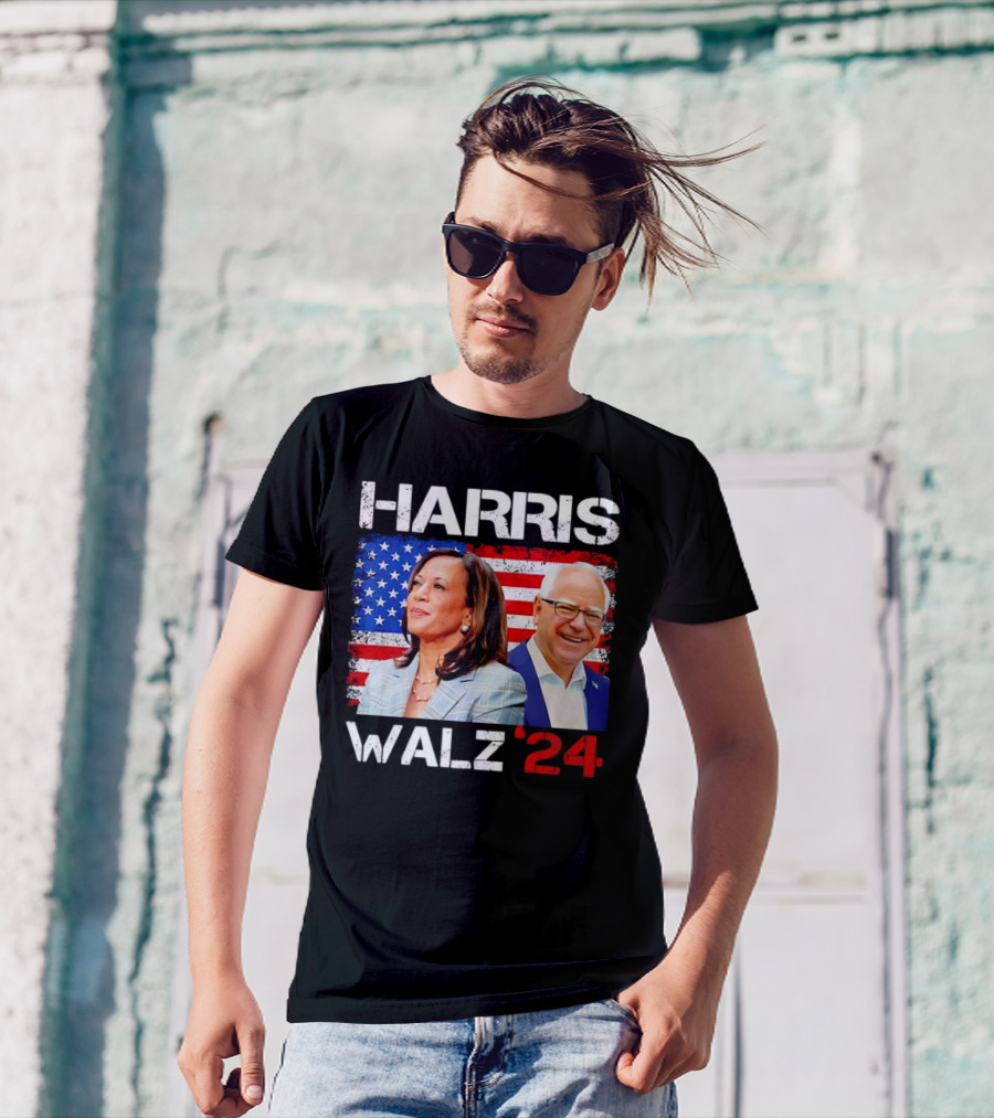 Harris Walz 2024 President Election Kamala Harris Tim Walz American Flag T-Shirt