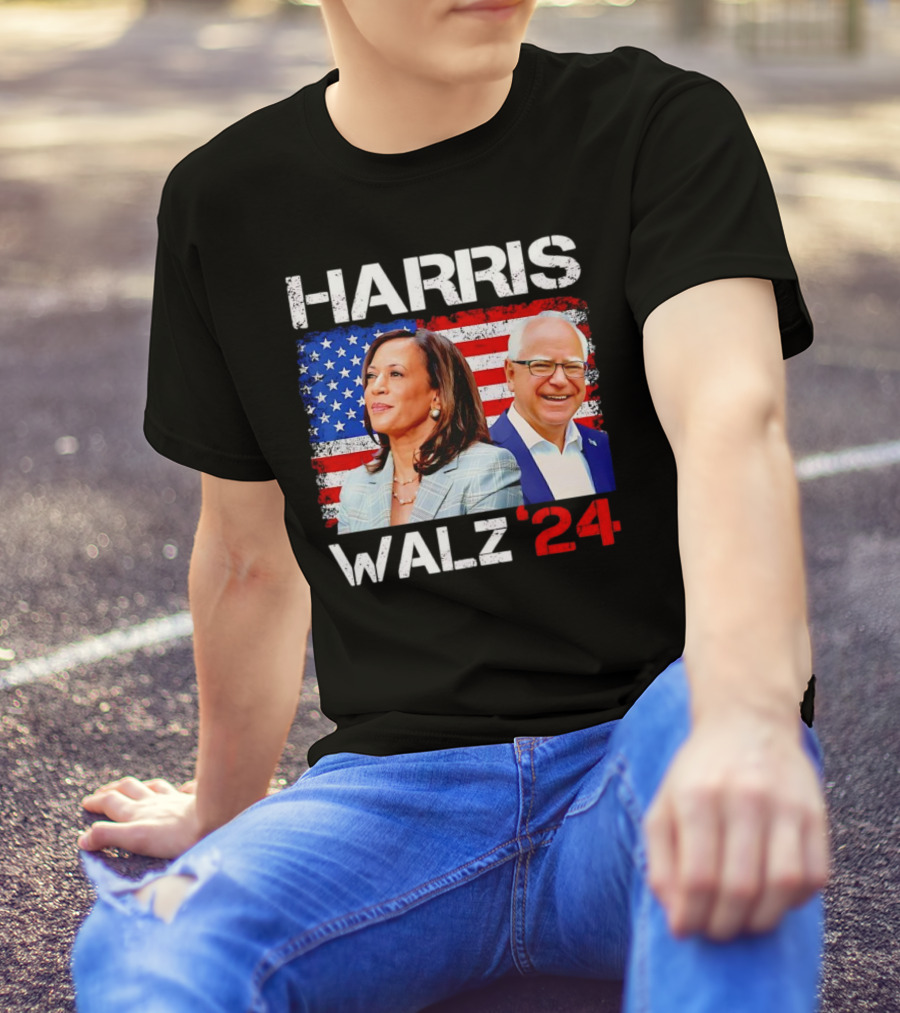 Harris Walz 2024 President Election Kamala Harris Tim Walz American Flag T-Shirt