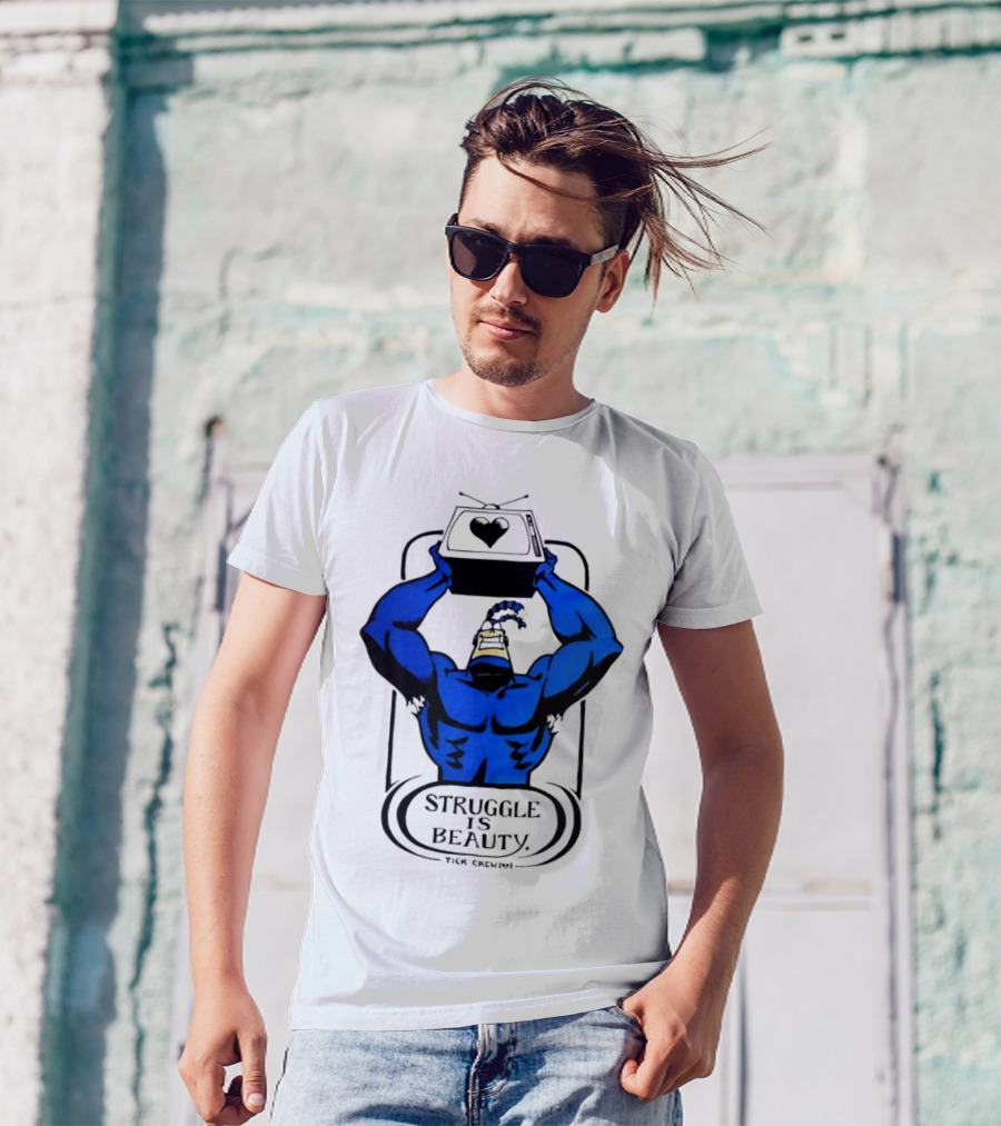 Struggle Is Beauty Tick Crew Blue Superhero Lifting Television T-Shirt