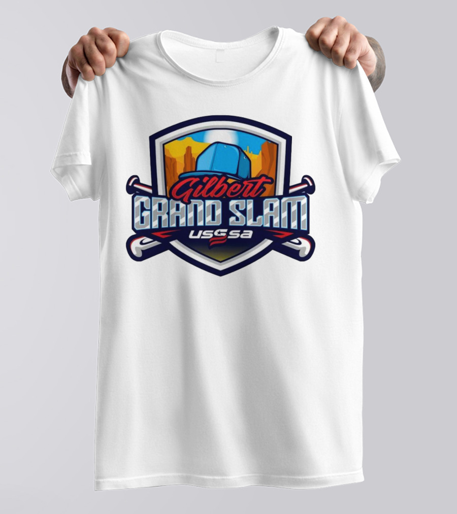 Gilbert Grand Slam USSSA Arizona Baseball 2024 Shield Logo With Baseball Bats And Desert Cactus Background T-Shirt