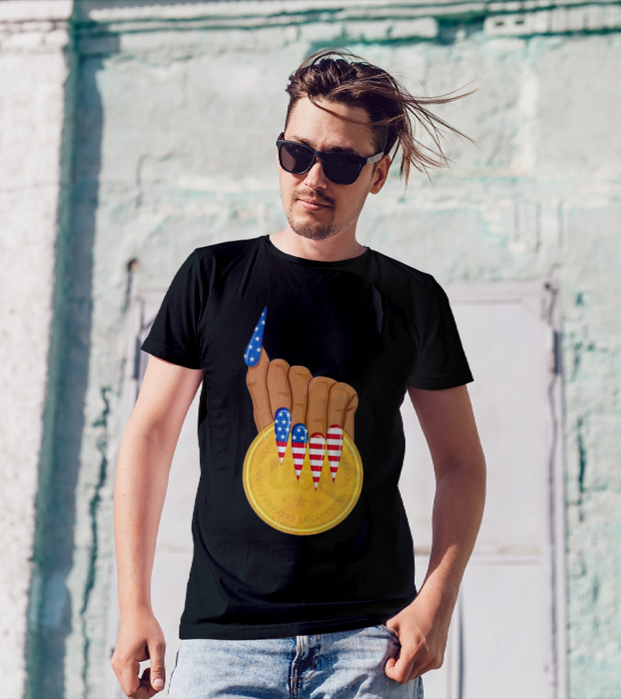 USA Gold Medal Hand With American Flag Nails T-Shirt