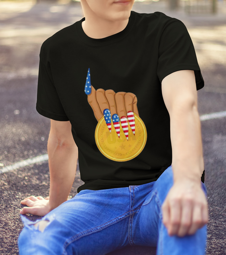 USA Gold Medal Hand With American Flag Nails T-Shirt