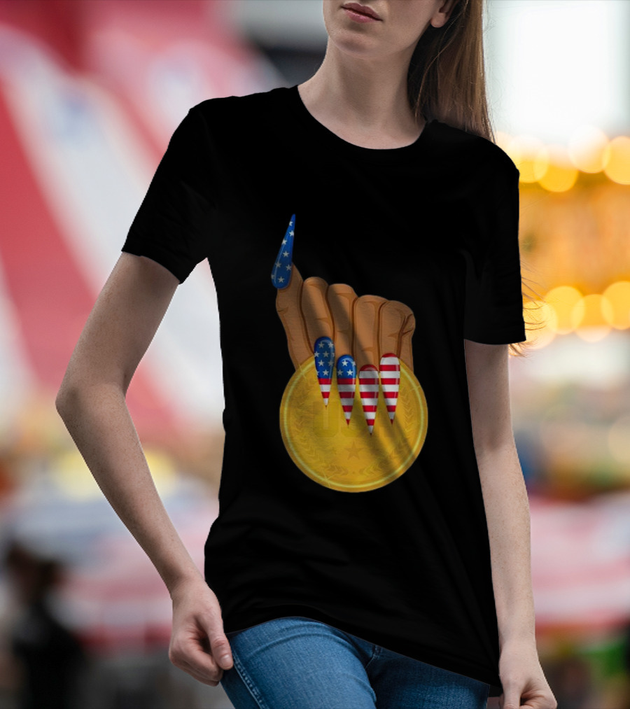 USA Gold Medal Hand With American Flag Nails T-Shirt