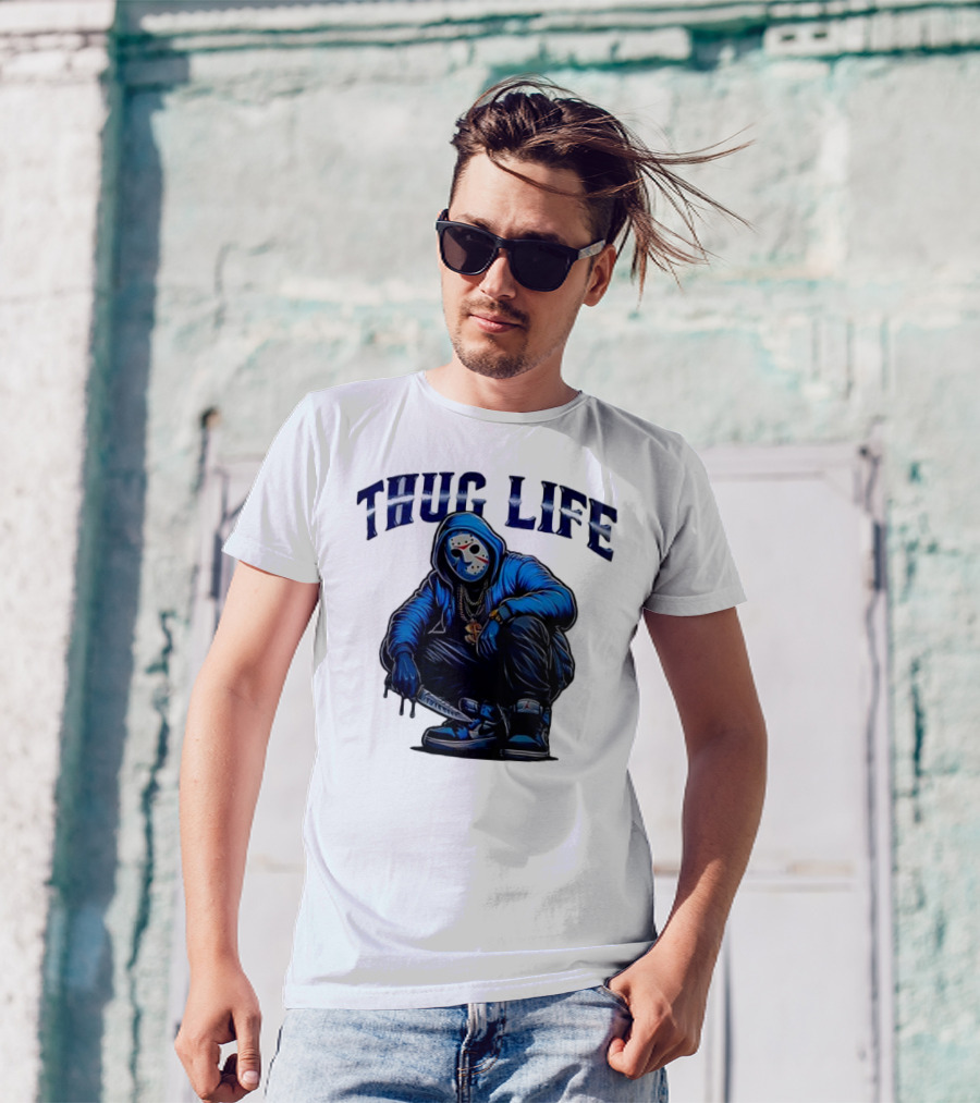 Thug Life Masked Man Sitting With Knife In Blue Hoodie And Sneakers T-Shirt