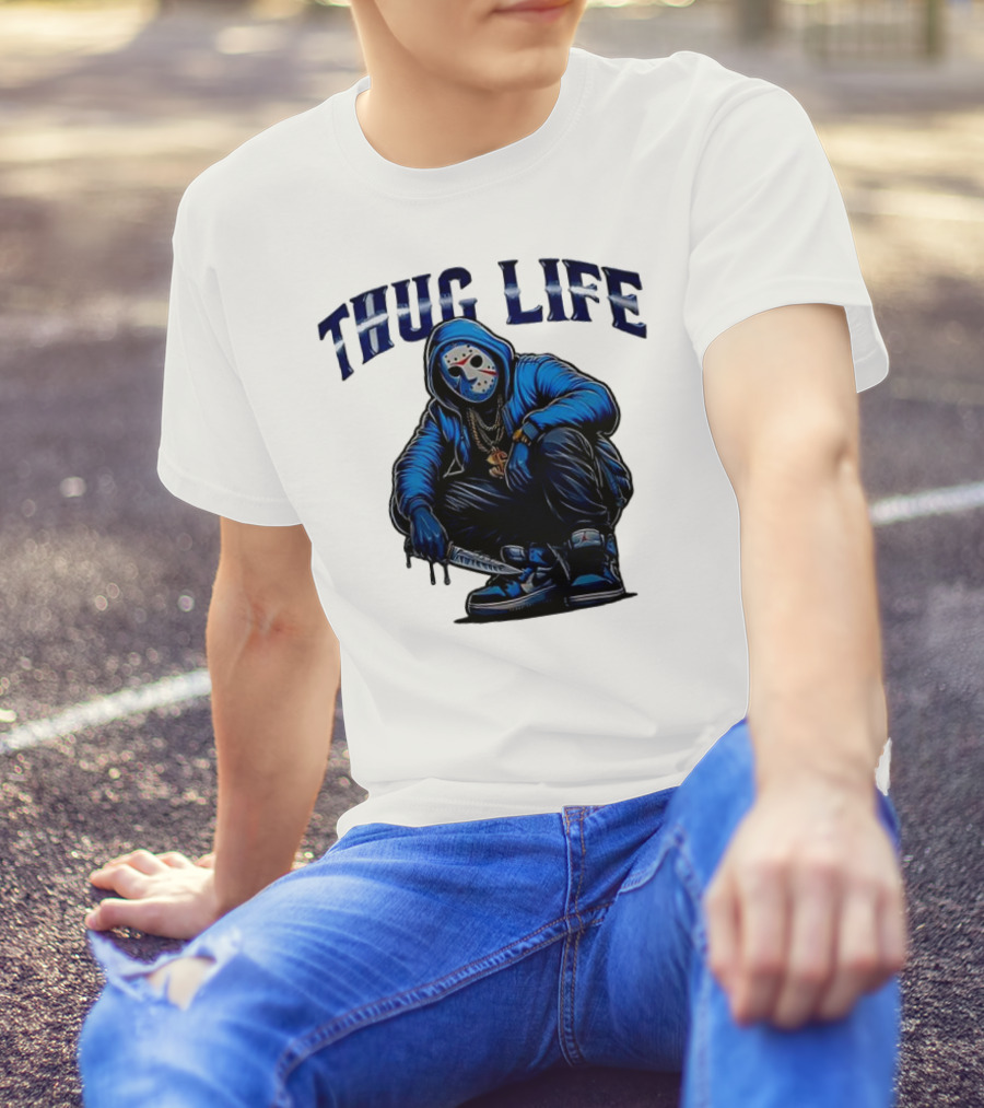 Thug Life Masked Man Sitting With Knife In Blue Hoodie And Sneakers T-Shirt