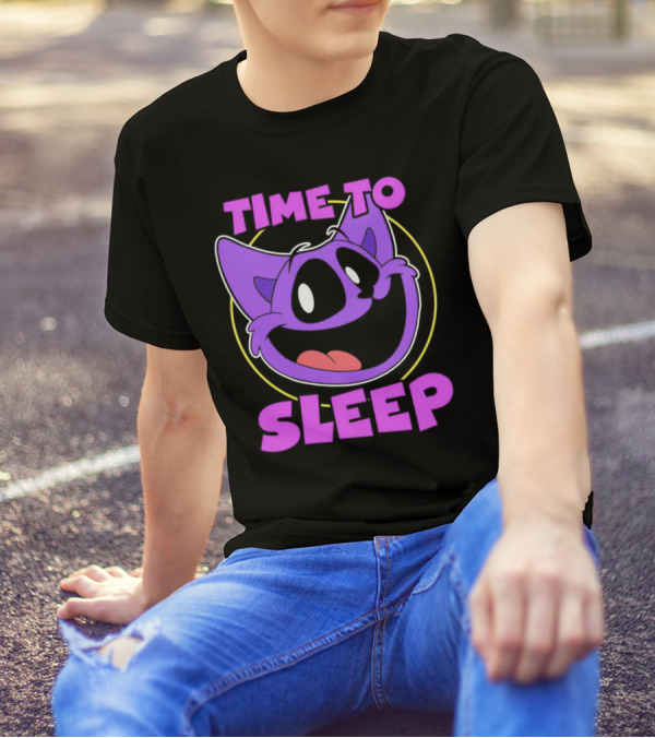 Time To Sleep Purple Cat Cartoon Face T-Shirt