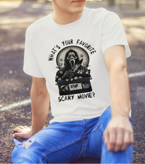 What's Your Favorite Scary Movie Ghostface Stab VHS Popcorn T-Shirt