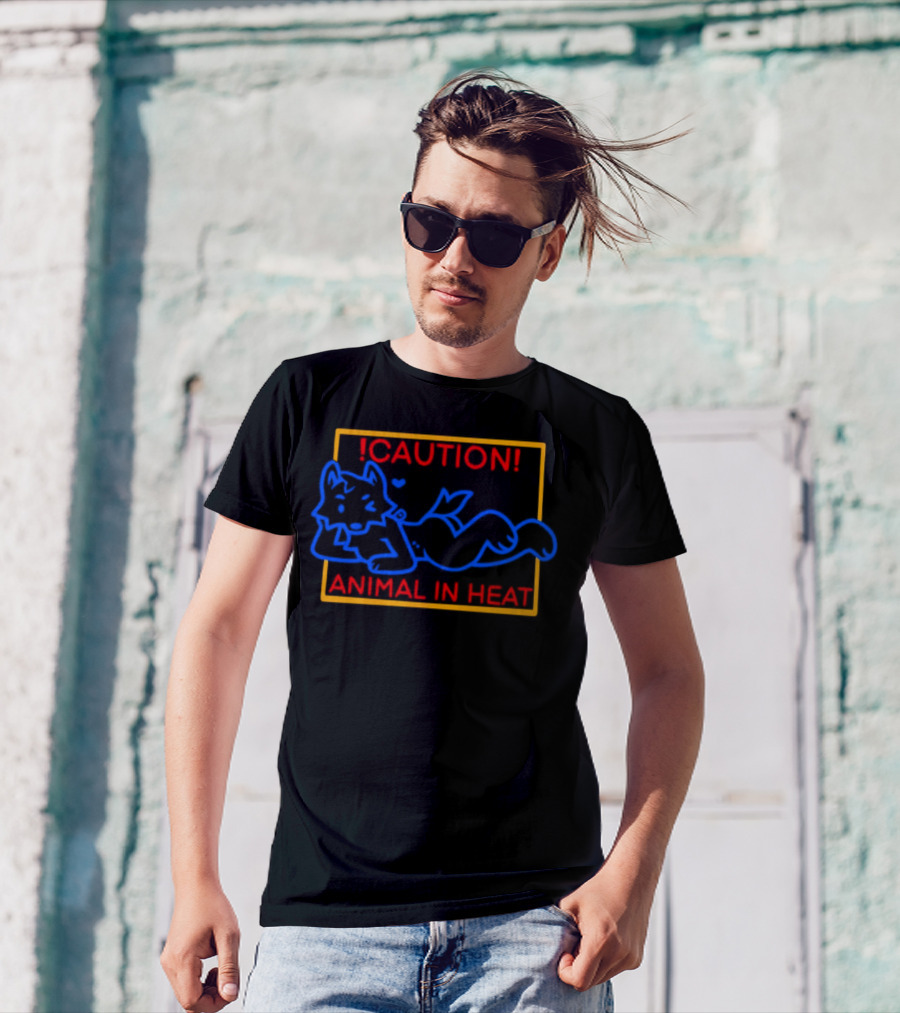 Caution Animal In Heat Neon Sign Playful Fox Character T-Shirt