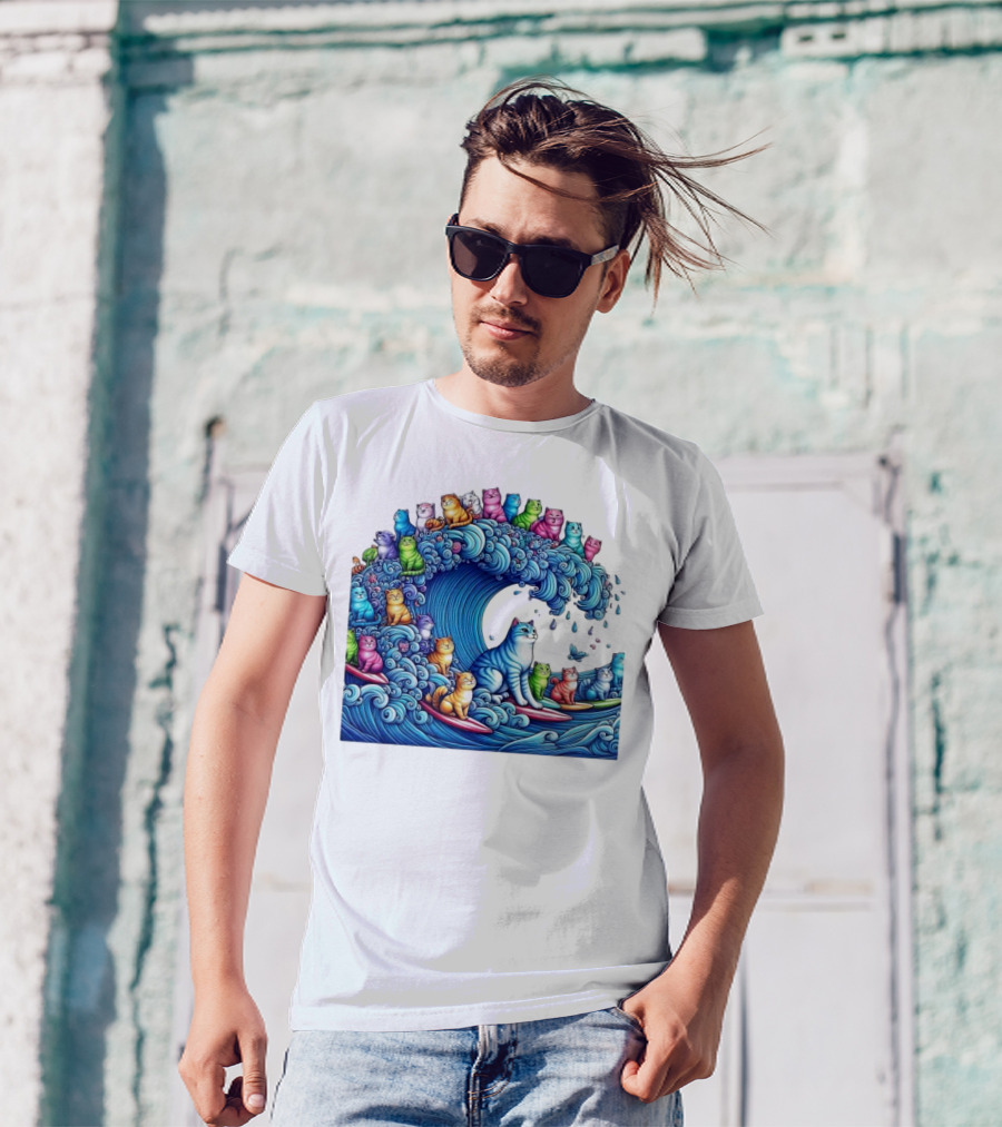 Cats Surfing In A Colorful Wave Bringing Joy T-Shirt