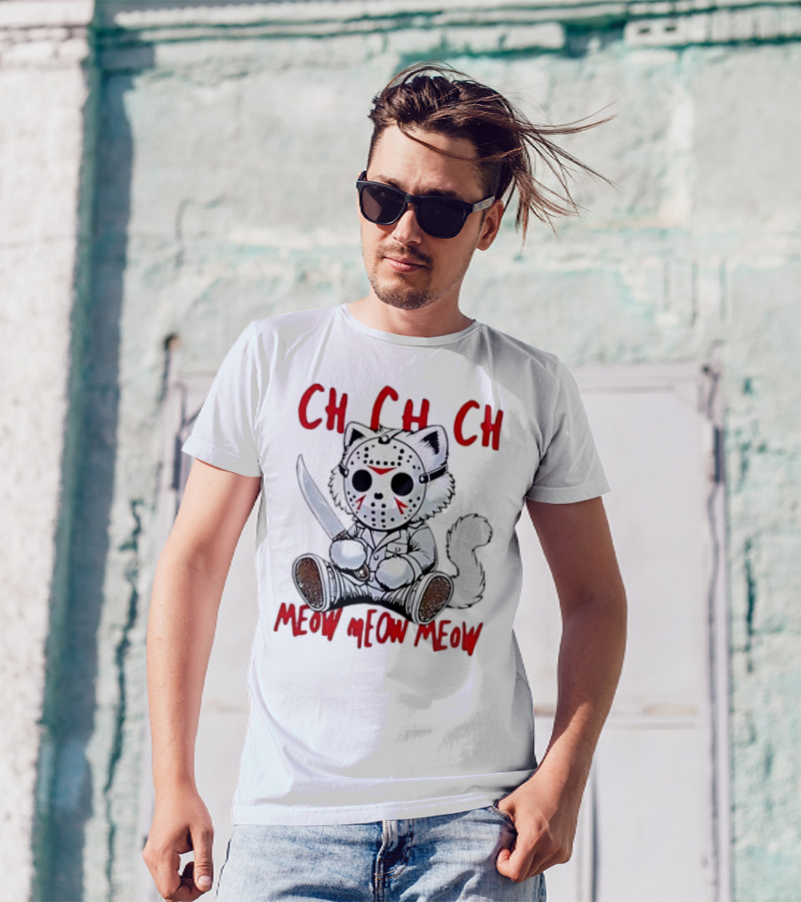 CH CH CH Meow Meow Meow Halloween Cat With Mask And Knife T-Shirt