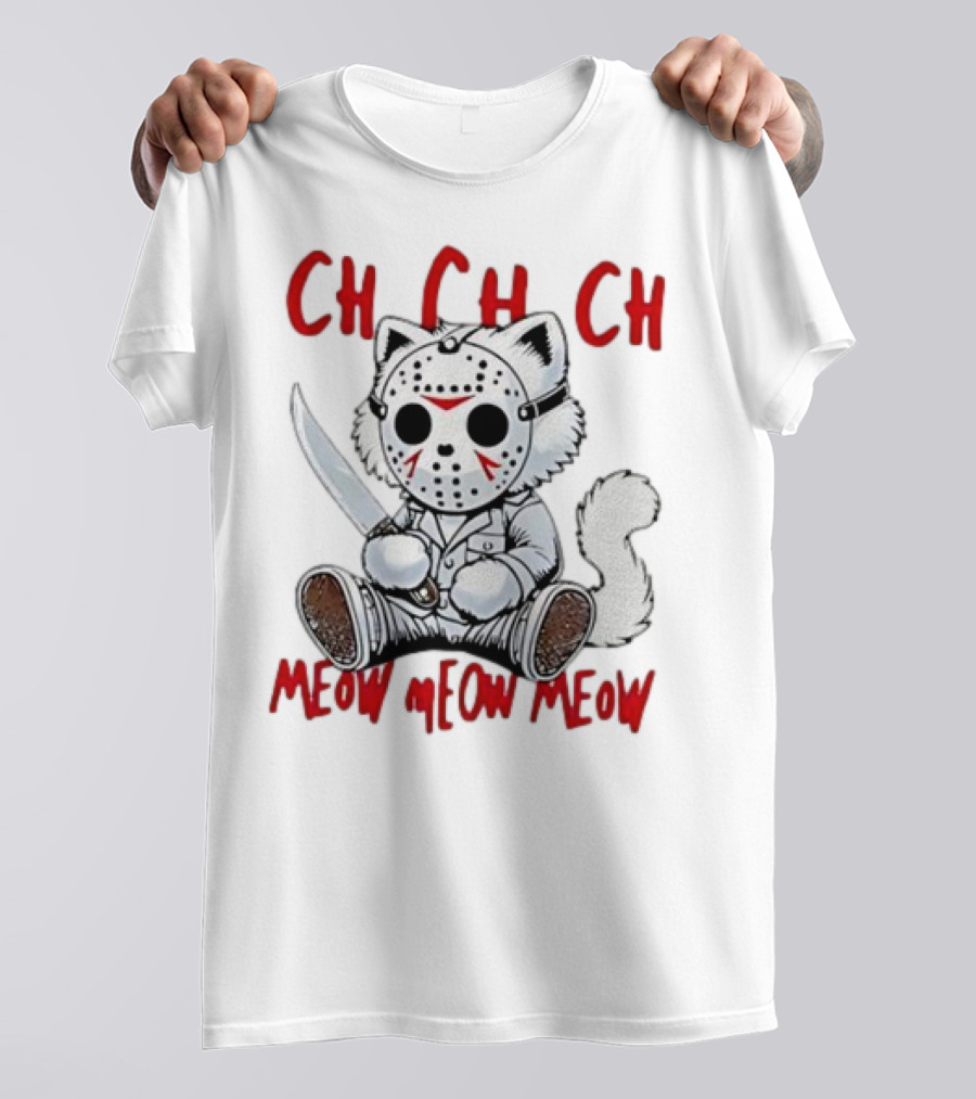 CH CH CH Meow Meow Meow Halloween Cat With Mask And Knife T-Shirt