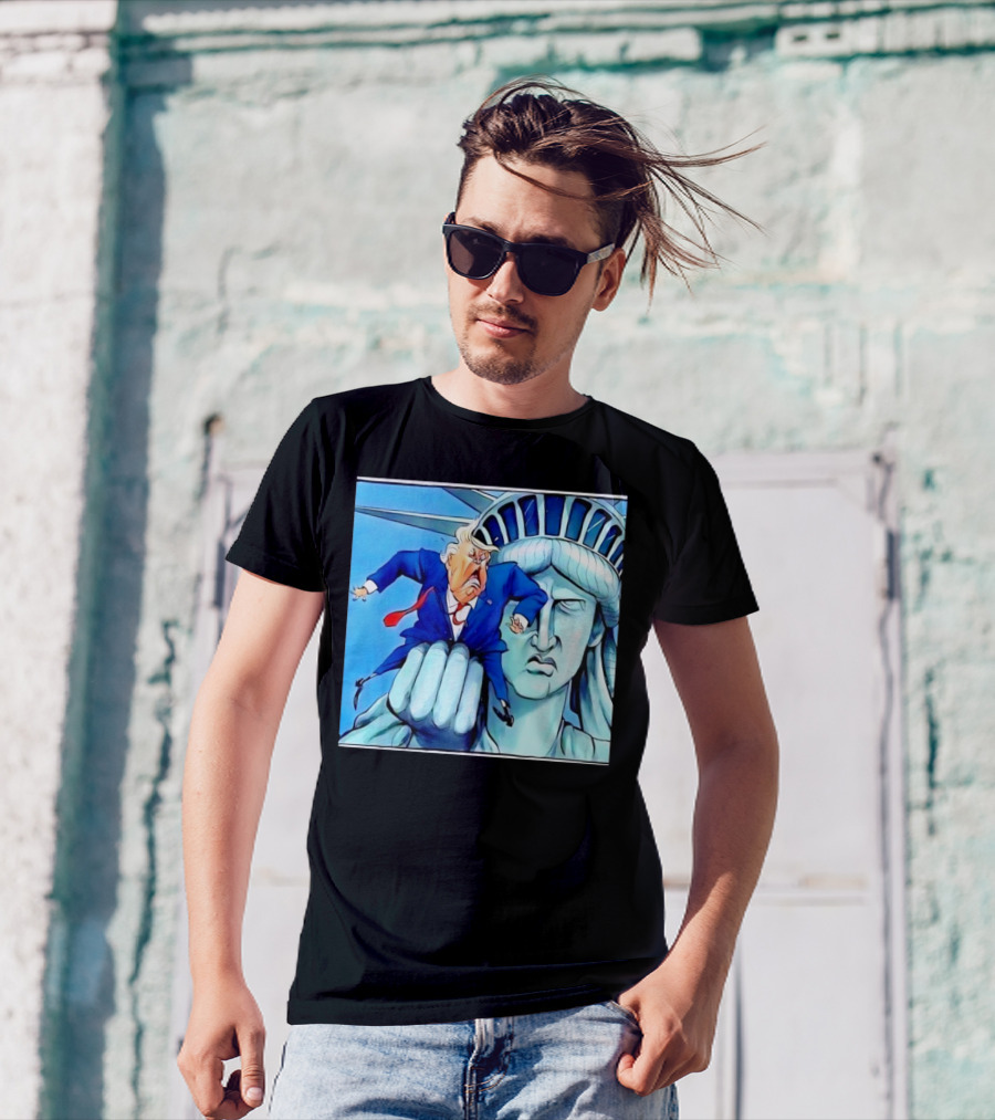 Statue Of Liberty Holds Trump In Cartoon T-Shirt