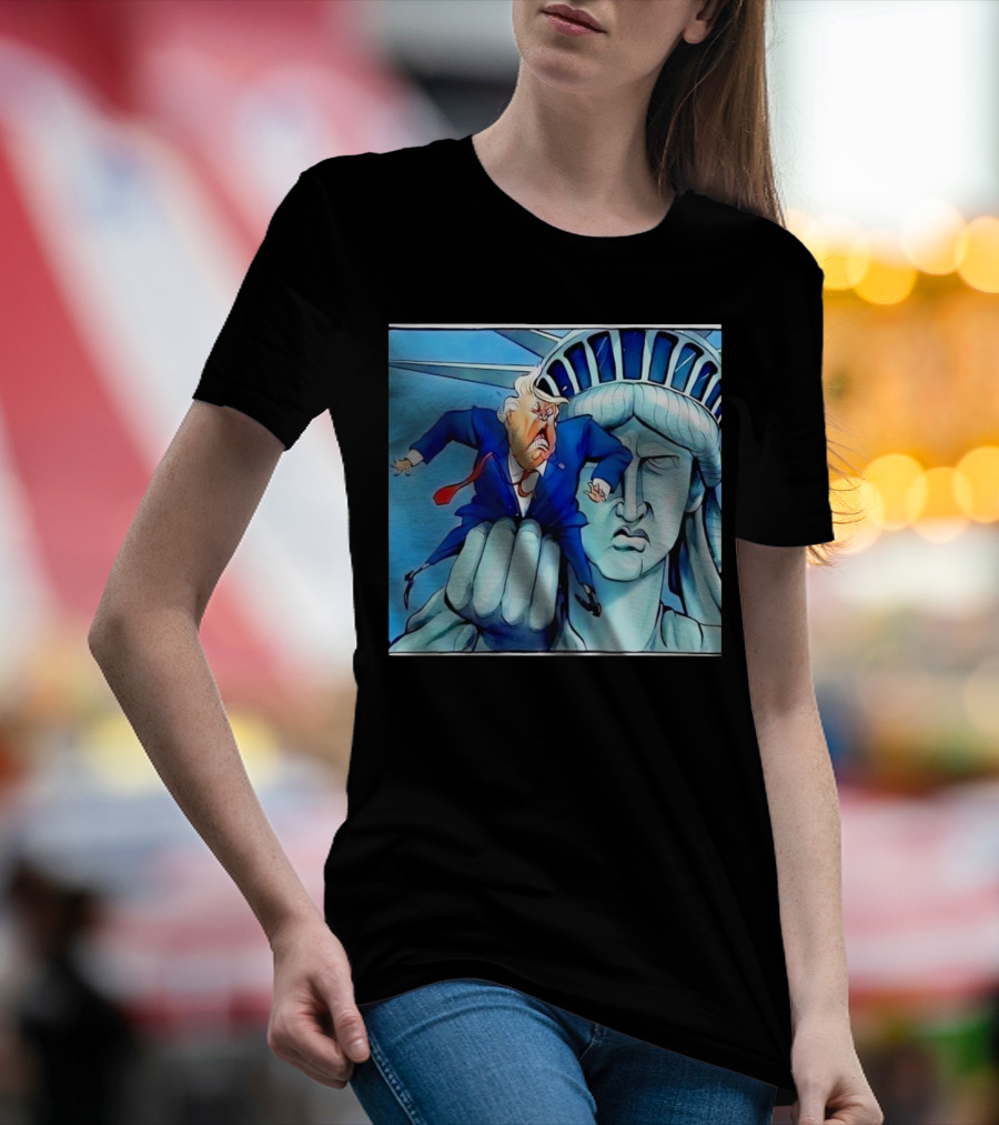Statue Of Liberty Holds Trump In Cartoon T-Shirt