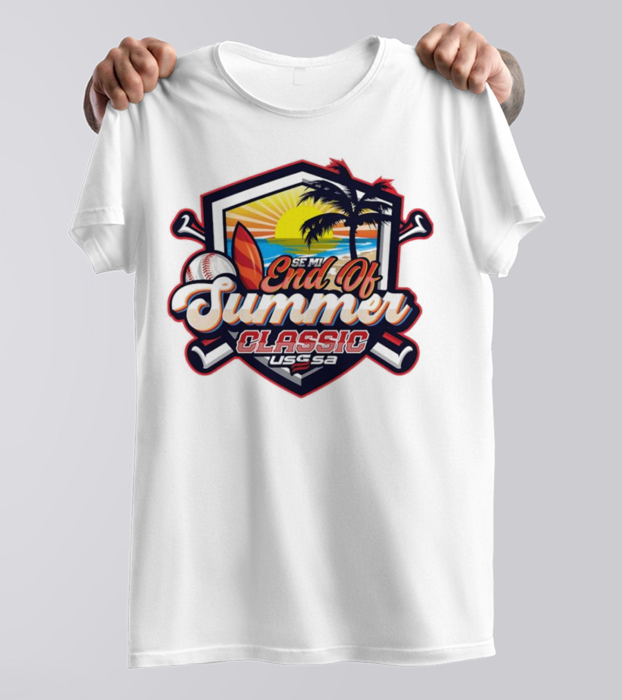 USSSA Michigan Baseball SE MI End Of Summer Classic 2024 Sunset Palm Trees Surfboard Baseball T-Shirt