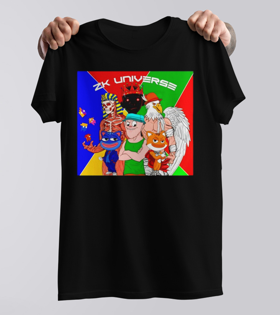 ZK Universe Colorful Characters With Pharaoh Skeleton, Crowned Figure, And Winged Eagle T-Shirt